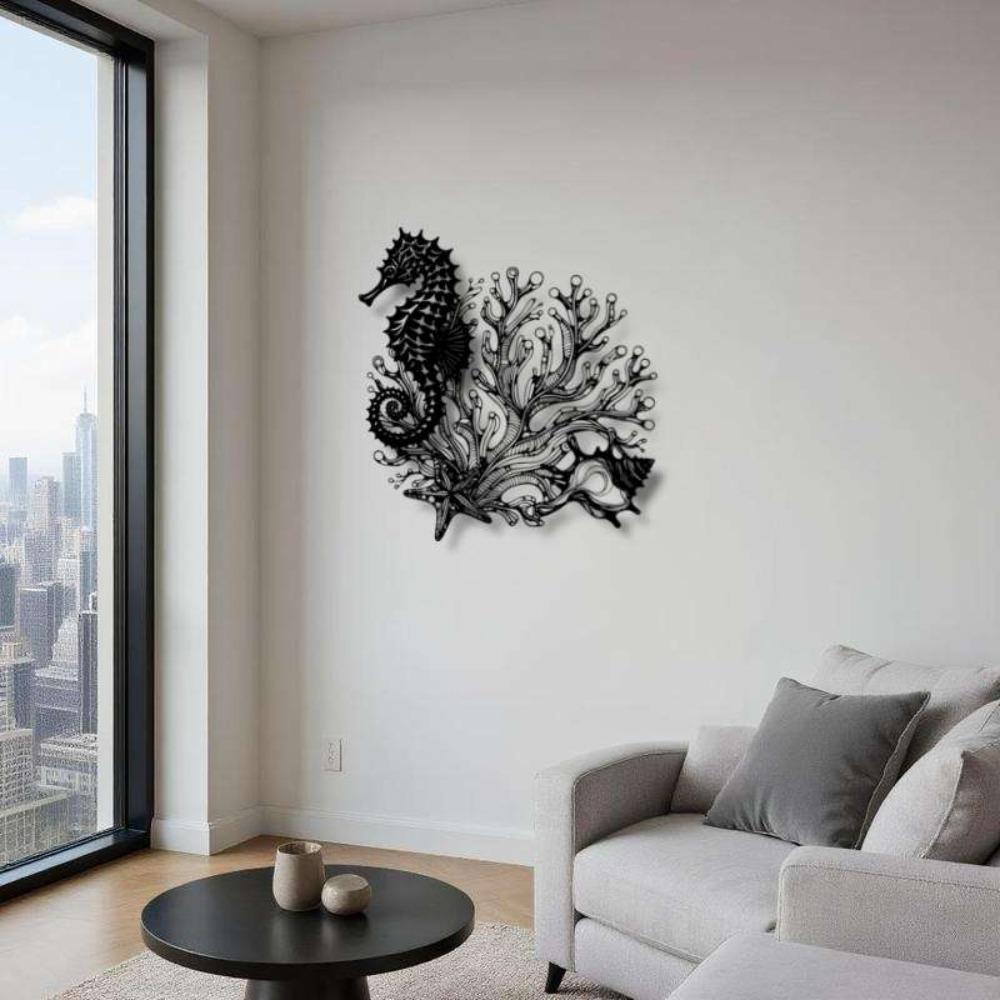 Seahorse Coral Metal Wall Art Large Coastal Iron Panel Outdoor Hanging Decor Marine Themed Housewarming Gift Nautical Farmhouse