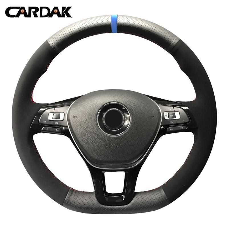 CARDAK Hand-stitched Black Suede Steering Wheel Cover for Volkswagen VW Golf 7 Mk7 New Polo Jetta Passat B8