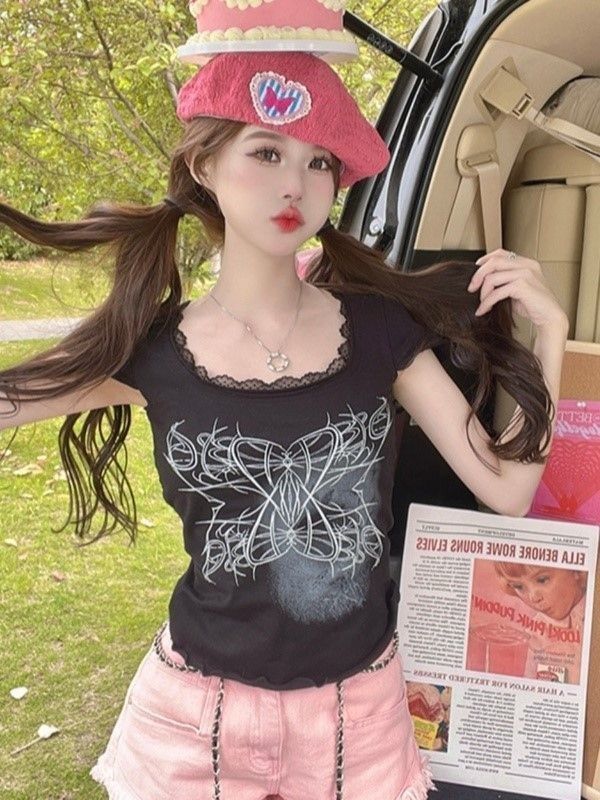 Grunge Vintage Streetwear T-Shirts Women American Retro Patchwork Punk Lace Y2k Graphic Square Collar Tees Tops