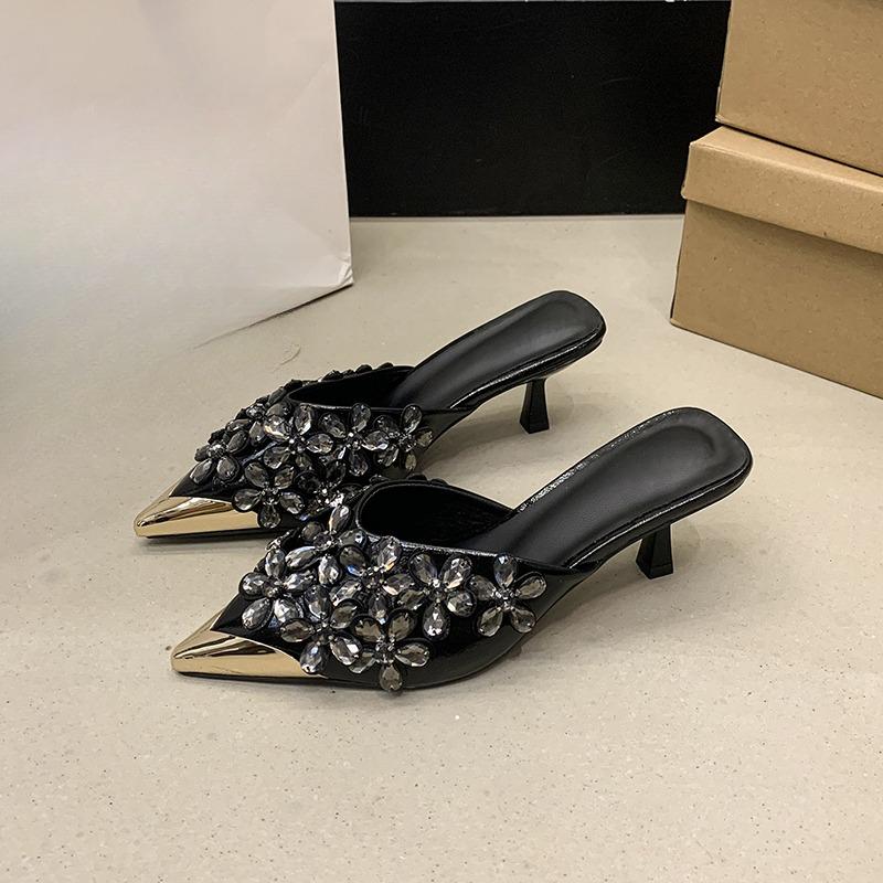 Pointed Toe Stiletto High Heel Baotou Half Drag Summer New Rhinestone Flower Fairy Wind Metal Head Cold Slippers Outside Wear