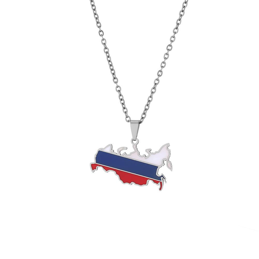 Russia Map Flag Pendant Necklace Stainless Steel Patriotic Jewelry for Men Women