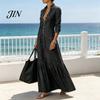 Mid-length Dress Women Button Down Maxi Denim Dress, Long Sleeve Lapel V Casual Loose Neck Flowy A-line Jean with Pockets Summer