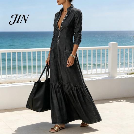 Mid-length Dress Women Button Down Maxi Denim Dress, Long Sleeve Lapel V Casual Loose Neck Flowy A-line Jean with Pockets Summer