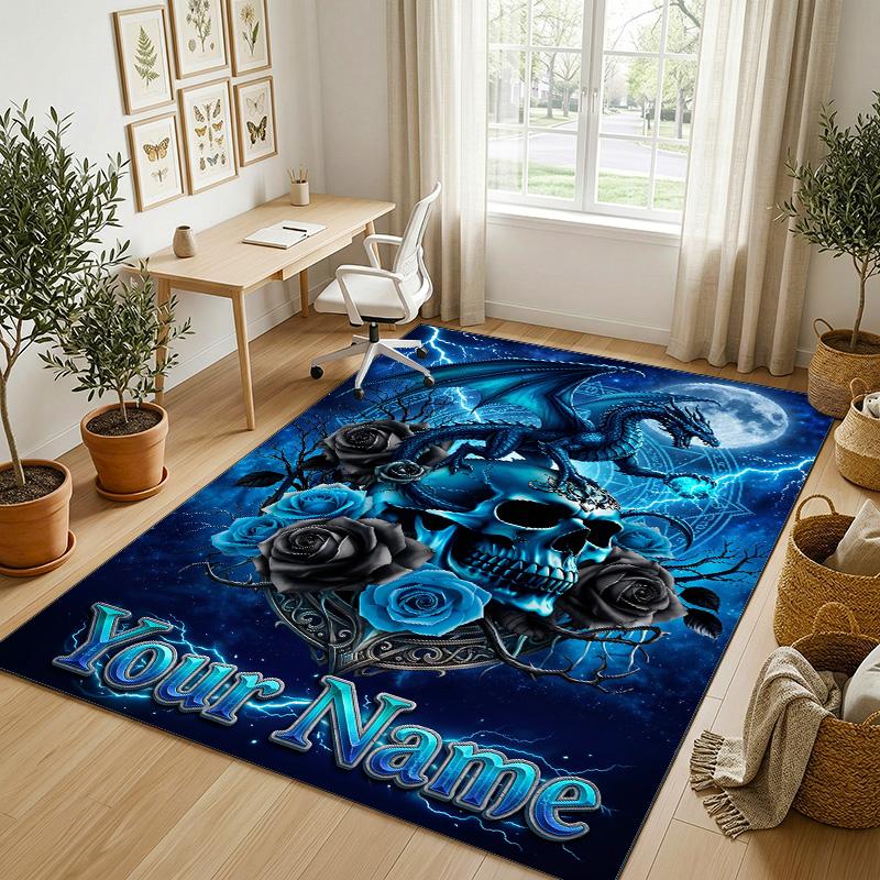 Dragon Phoenix Theme Crystal Velvet Rug Personalized Custom Name Text Soft Floor Mat Home Decor