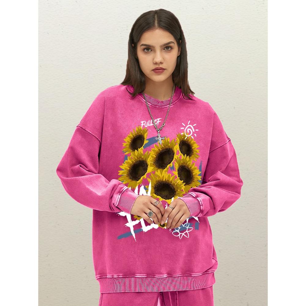 Full Of Sunflower Creative Graffiti Print Womens Washed Sportswear Cotton Autumn Sweatshirts Loose Crewneck Woman