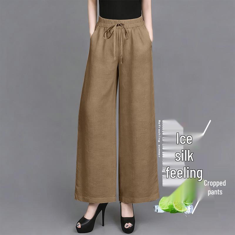 

Women s High Waist Ice Silk Wide Leg Cropped Pants - Plus Size, Casual Drawstring Design L (100-120 jin)