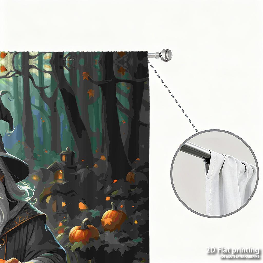 Piece Set High Definition Digital Printed Curtainshalloween Wizard Darkgreen Orange Pumpkin Theme Style Curtainhome Decorat Curtain Polyester