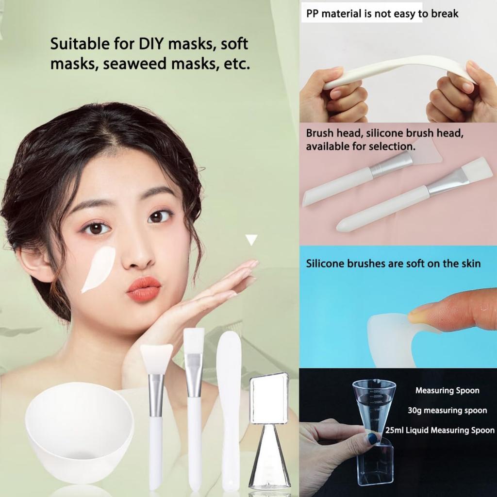 Set de cinci boluri de amestec din silicon Include bol, pensulă, spatulă și pahar gradat Disponibil în trei culori Perfect pentru măști de față DIY la salon acasă