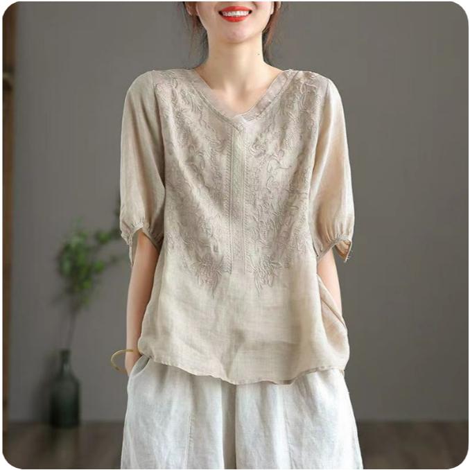 Retro Thin Blouse Women's Short-sleeved Shirt Summer Loose V-neck Temperament Cotton and Linen Shirt Apricot