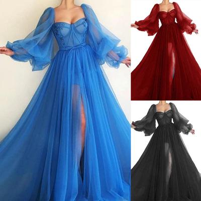 Women's Off-Shoulder Mesh Wedding Dress, Lantern Sleeve Gown with Thigh Slit and Corset Bustier, Sexy Figure-Flattering Evening Dress