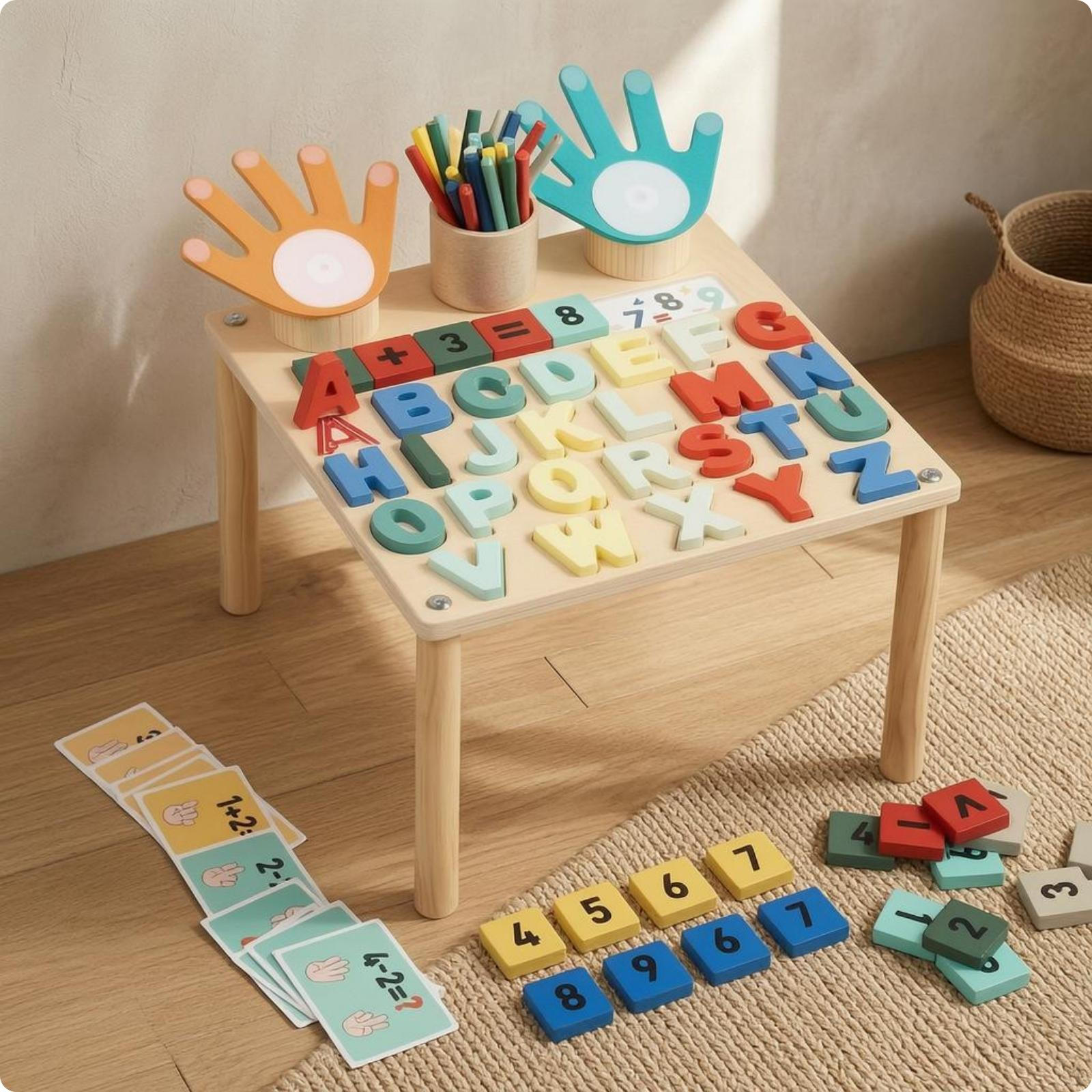 Wooden Children s Activity Table HandShaped Pieces Early Learning Removable Blocks Alphabet