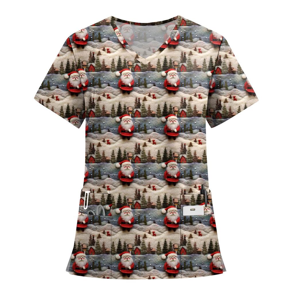 Women's Fashion Printed Short Sleeve V Neck Pattern Tops Pocket Working T-shirts
