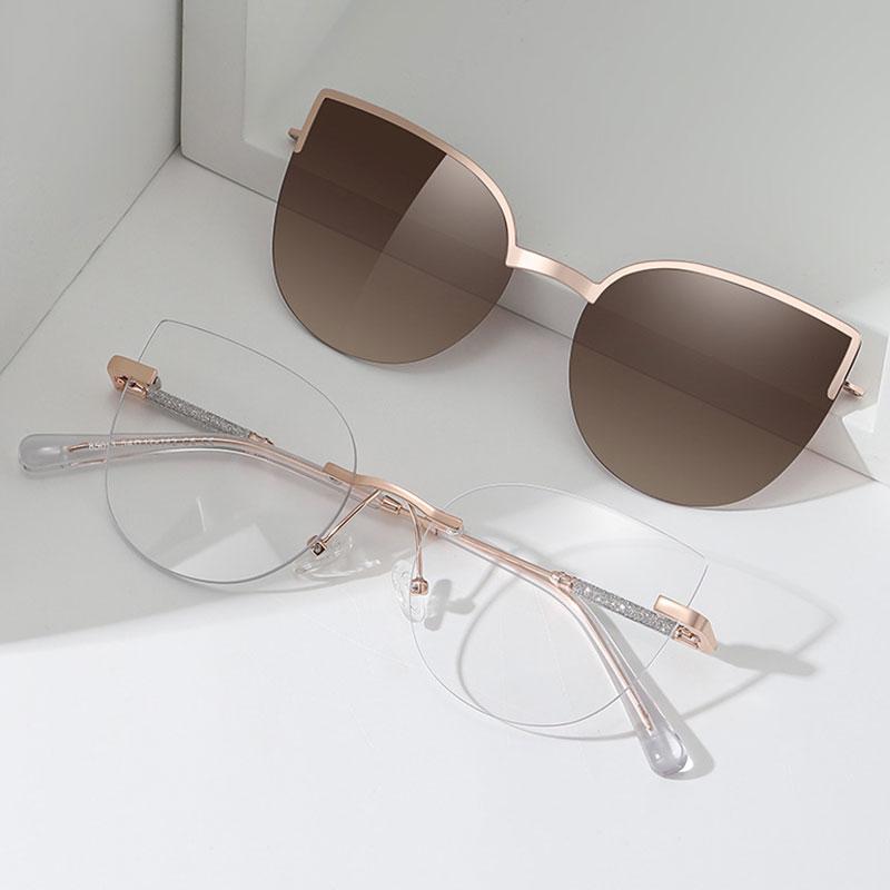 Women's Decorative Glasses  Blue Light Blocking Magnetic Clip On Rimless Glasses With Polarized Sunglasses Lenses UV400