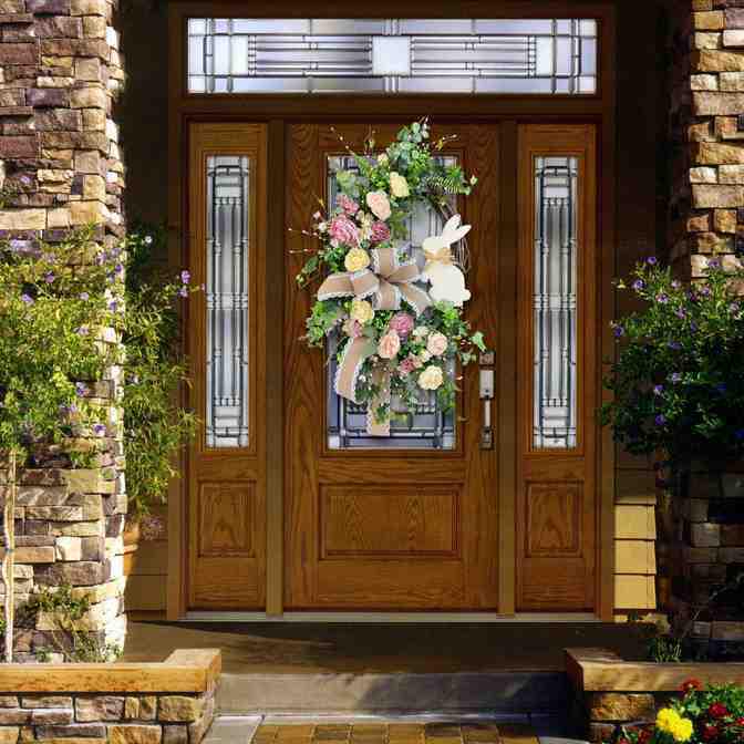 New Easter Wreath with Green Plants, Bowknot, and Rabbit Wall Decor