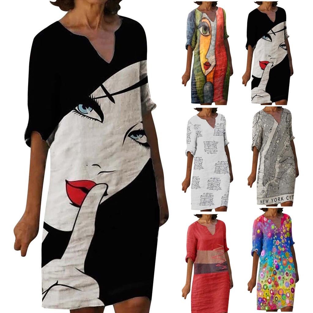 Women Summer V-neck Folk-custom Plus Size Print Loose Mid-sleeve Dress
