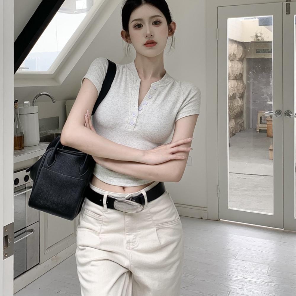 V Neck Button T Shirt Basic Short Sleeve Crop Top Women T-shirt Casual Tank Top Slim Female Crop Top Fashion Girl Tee Shirt Y2k Streetwear