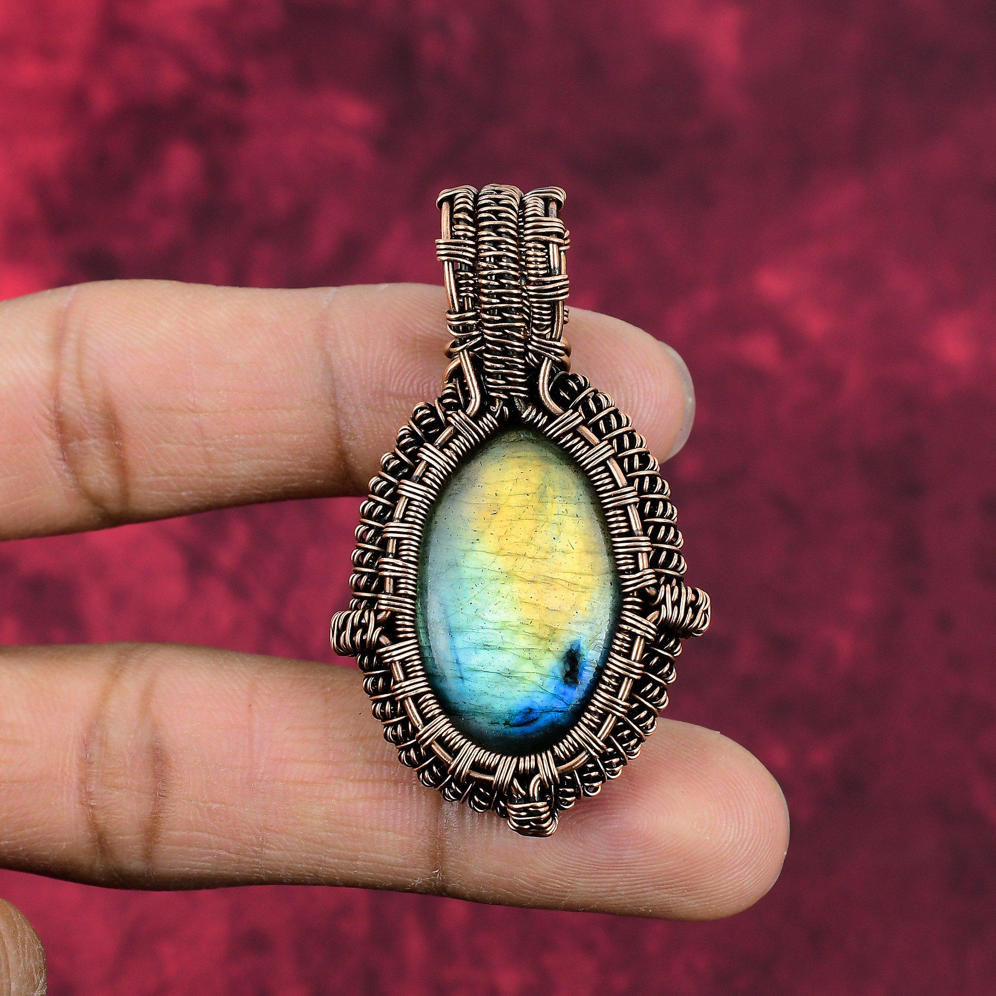 Labradorite Pendant Copper Wire Wrapped Pendant Handmade Labradorite Jewelry Genuine Gemstone Pendant Copper Wire Jewelry Anniversary Gifts