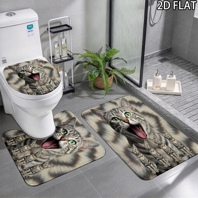 Cute Cat 3D Pattern 3Pcs Bathroom Rug Set, Non Slip Absorbent Bath Mat, Contour Mat & Toilet Lid Cover, Bathroom Decor