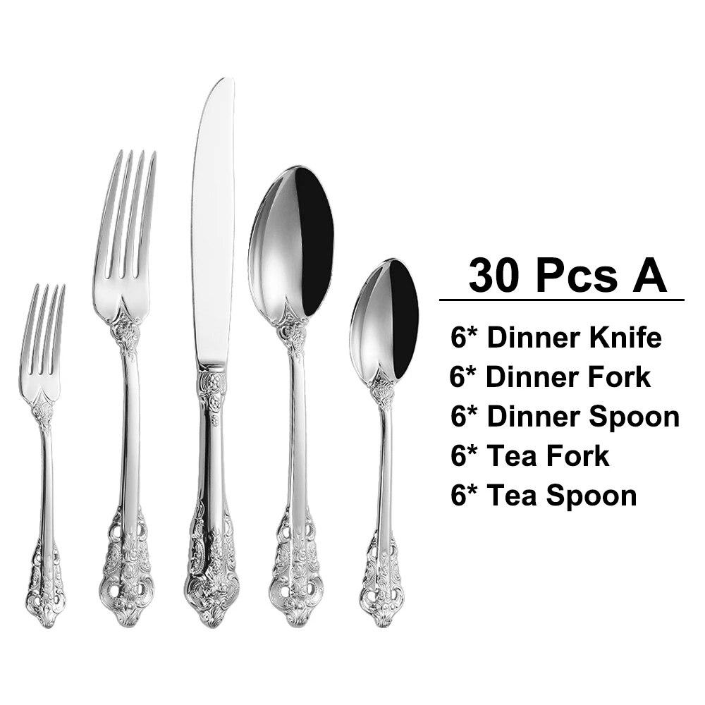 24/30Pieces Gold Cutlery Set Stainless Steel Vintage Western Dinnerware Luxury Tableware Engraving Forks Knive Spoons Sliverware