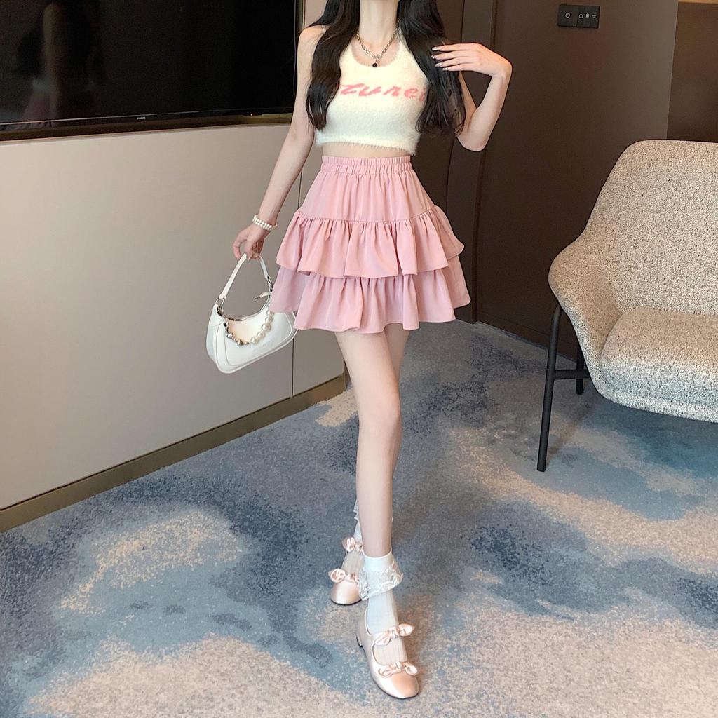 2025 Spring/Summer Women's High Waist Sweet Puff Double Layer Lace Skirt
