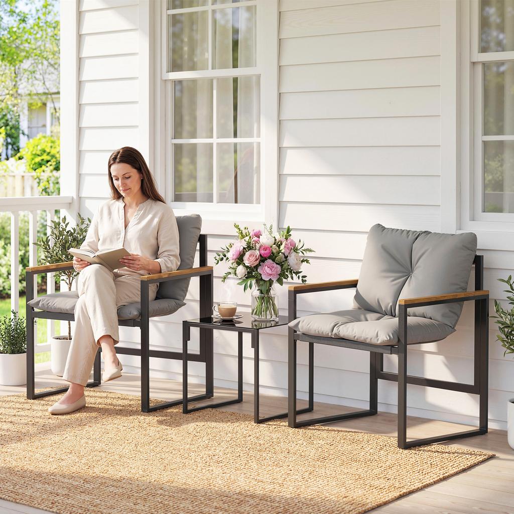 3 Piece Garden Furniture Set 2 Seater With 2 Armchairs And 1 Coffee Table Tempered Glass Top And Cushions Gray