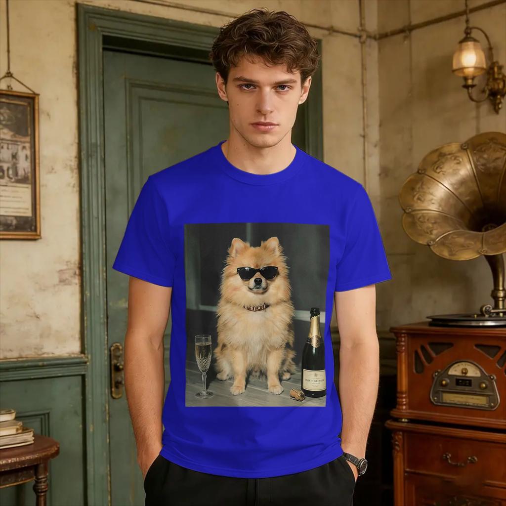 Pomeranian Drinking Champagne Funny Dog Meme Art Vintage Tshirt T Shirt Unisex T Shirts Beach O Neck Leisure Tees Big Size Clothes