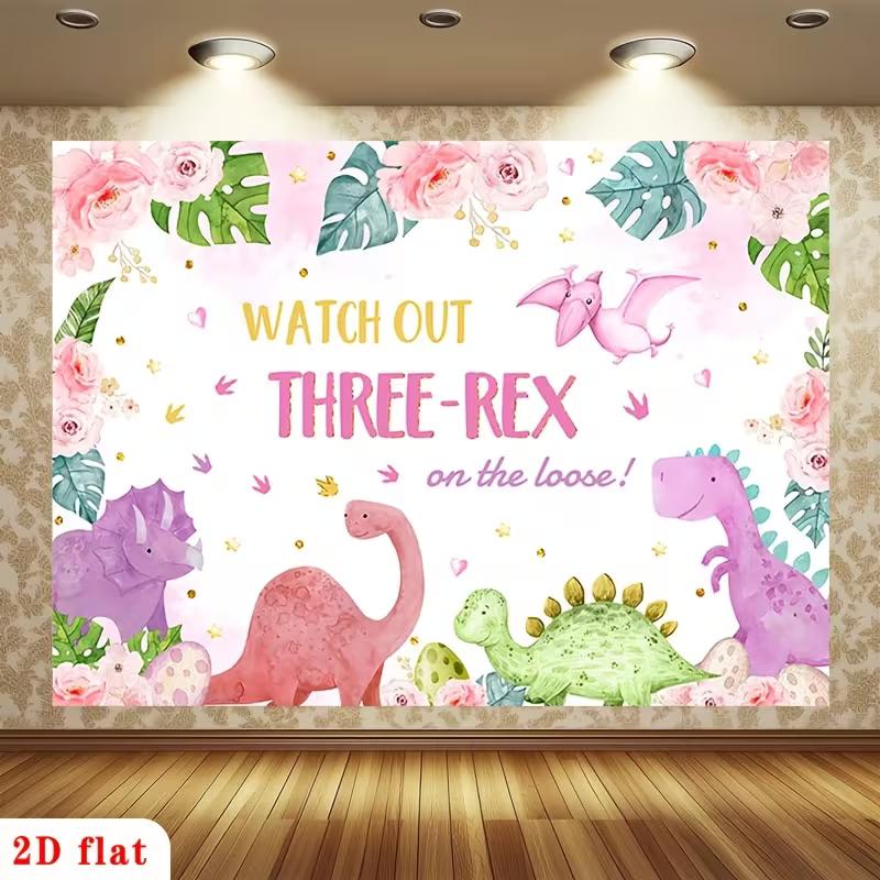 

2D Watch Out Three-Rex Pink Watercolor Dinosaur 3rd Birthday Backdrop 47.2x31.5inch/120*80cm