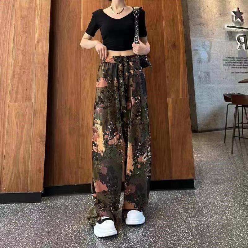 Women's Summer Ink Wash Tie-Dye Wide-Leg Ice Silk Pants