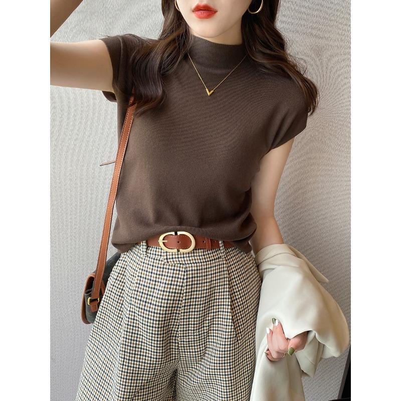Ice Silk Knitted Short-sleeved Top Women's Semi-turtleneck Slim Knitted Sweater Women's Shirt Base Outer Wear Short Summer