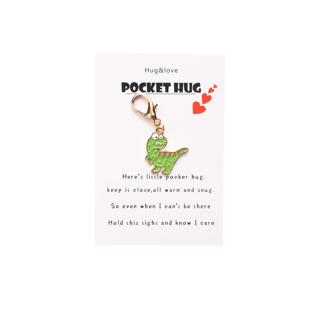 Cute Cartoon Dinosaur Keychain with POCKET HUG English Hug Card and Bag Pendant