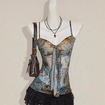 Retro Print Spaghetti Strap Waist-Cinching Slim Bandeau Top for Women