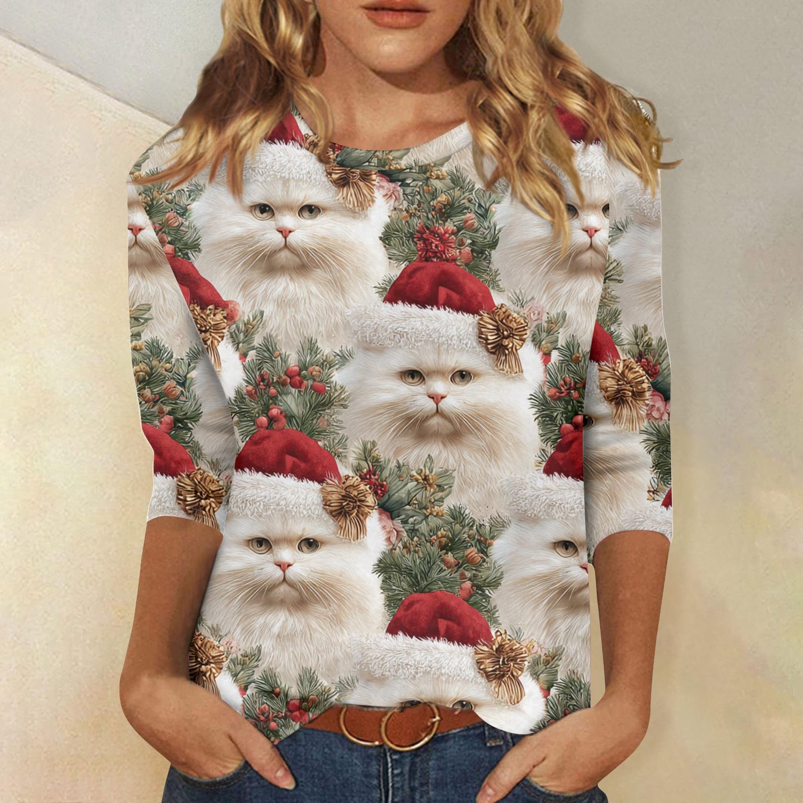 

Женский повседневный модный топ с рукавом три четверти и рождественским принтом XL белый