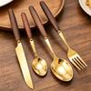 4/5pcs Western Wooden Handle Dinnerware Set Mirror Gold Stainless Steel Tableware Set Knife Fork Coffee Spoon Table Silverware
