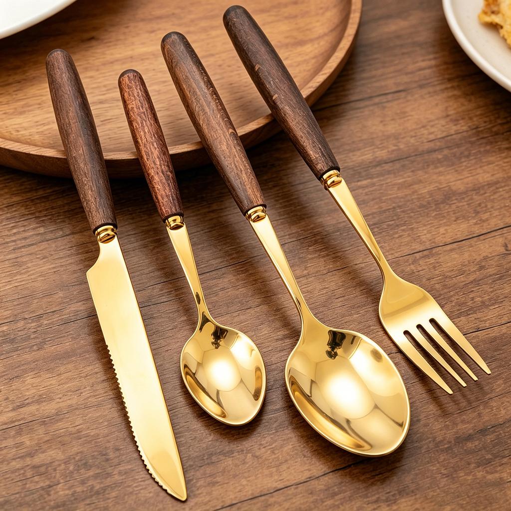 4/5pcs Western Wooden Handle Dinnerware Set Mirror Gold Stainless Steel Tableware Set Knife Fork Coffee Spoon Table Silverware