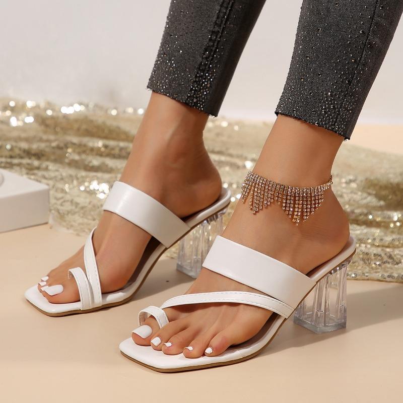 Large Size Hollow High Heel Cool Slippers Women's Summer New Fashion Set Toe Thick Heel Crystal Heel Sandals