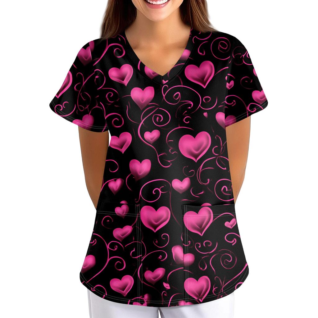 Plus SizePrinted Scrub Working Uniform Tops For Women's Cross V-Neck Print Short Sleeve Fun T-Shirts Workwear Tee With Pockets