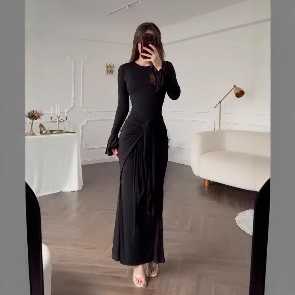 2025 Sommer Satin Hohe Taille Raffung Langes Kleid für Damen