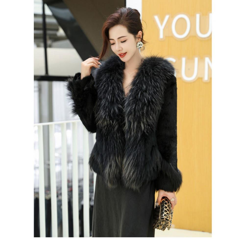 Fur Mid-length Whole Leather Rabbit Fur Coat White Goose Down Lining Raccoon Fur Collar New Autumn and Winter Coat