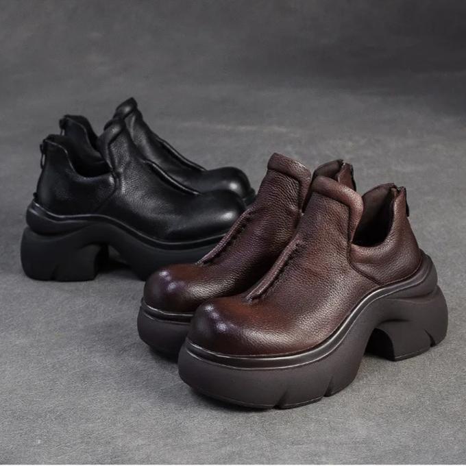 Johnature Retro Genuine Leather High Heels Pumps Commuting Comfort And Versatile Women's Platform Shoes