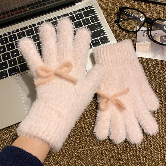 Women Fuzzy Thermal Gloves Fluffy Winter Thick Full Finger Gloves with Bows Solid Color Cute Warm Plush Gloves for Girls Cycling Daily Errands