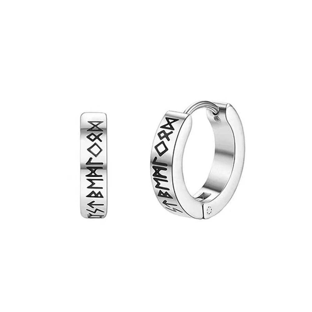 1Pair 12mm Norse Runes Viking Hoop Earrings For Men Woman Punk 316L Stainless Steel Huggie Hoop Vintage Scandinavian Ear Jewelry
