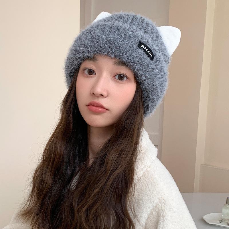 New Autumn and Winter Cute Cat Ear Knitted Hat for Women In Winter Warm Ear Protection Wool Hat Showing Face Small Pullover Hat Trendy