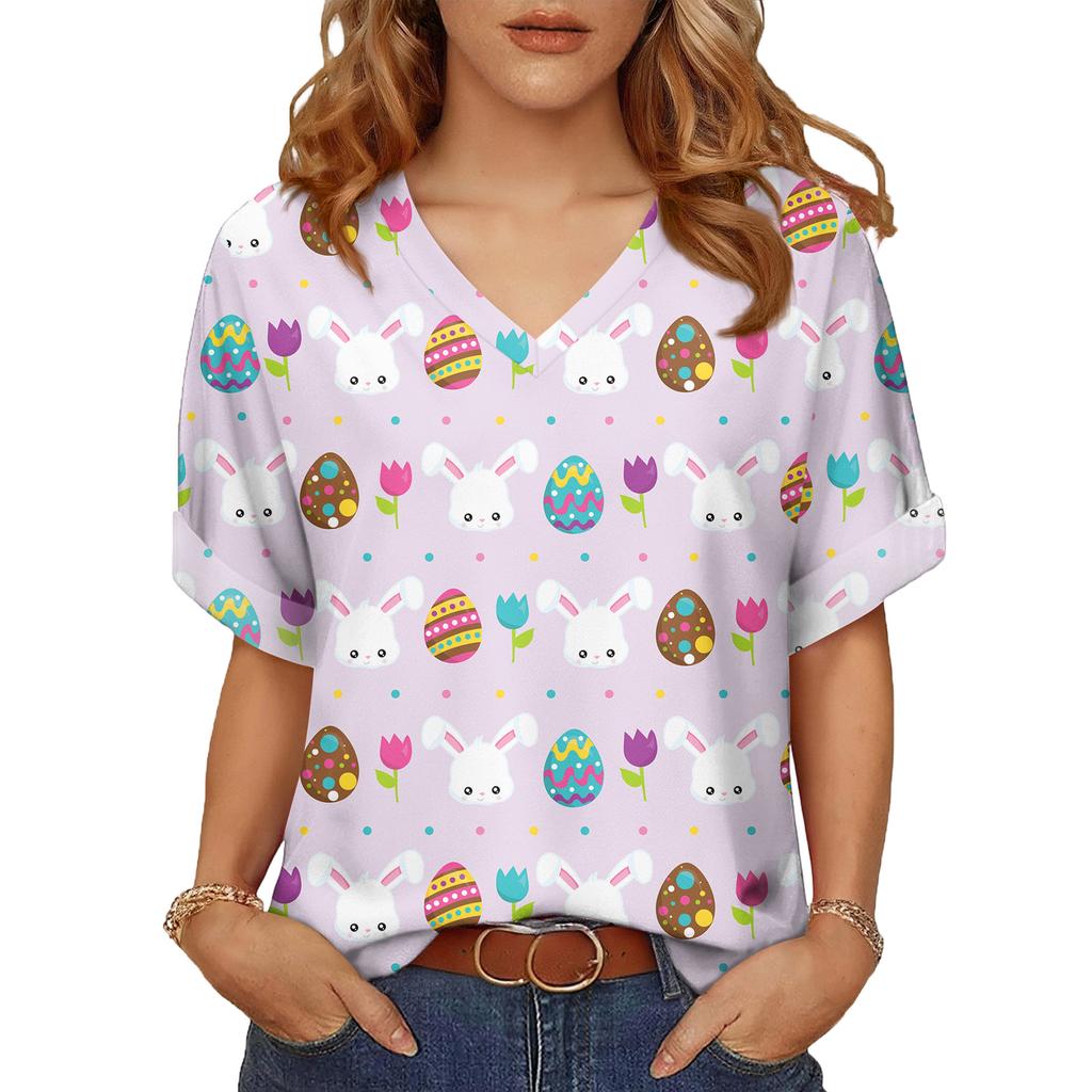 Women's Fashionable Casual Everyday Versatile Easter Print Slim-Fit Summer Short-Sleeve Top