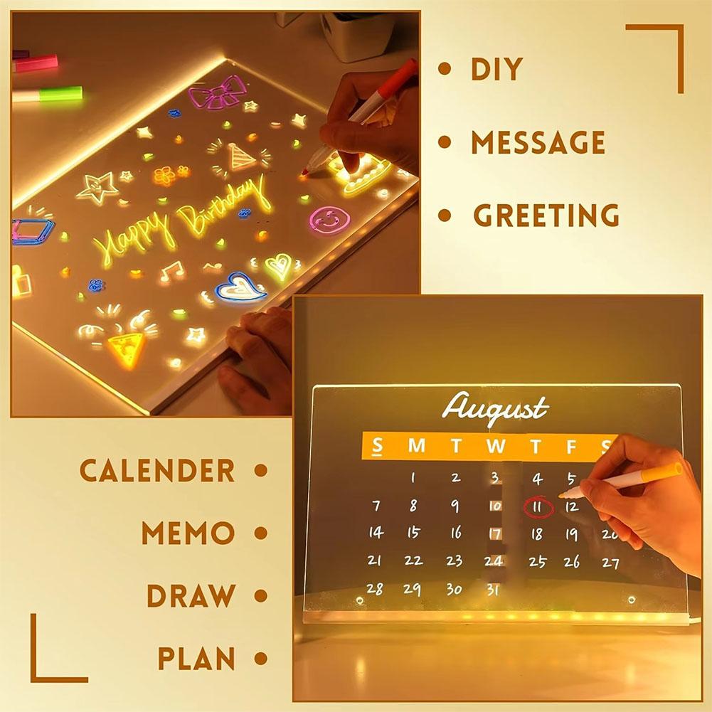 Light Up Acrylic Message Board Rewritable DIY Children's Glowing Drawing Board Message Lamp With 7 Colorful Pens