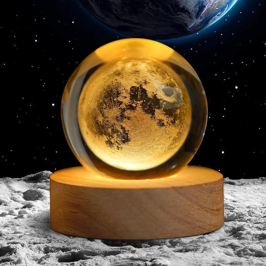 New Moon Crystal Night Light Decorative Quartz Glass Ball Bedroom Table Light, Engraved Model Astronomy Décor, Universe Gift