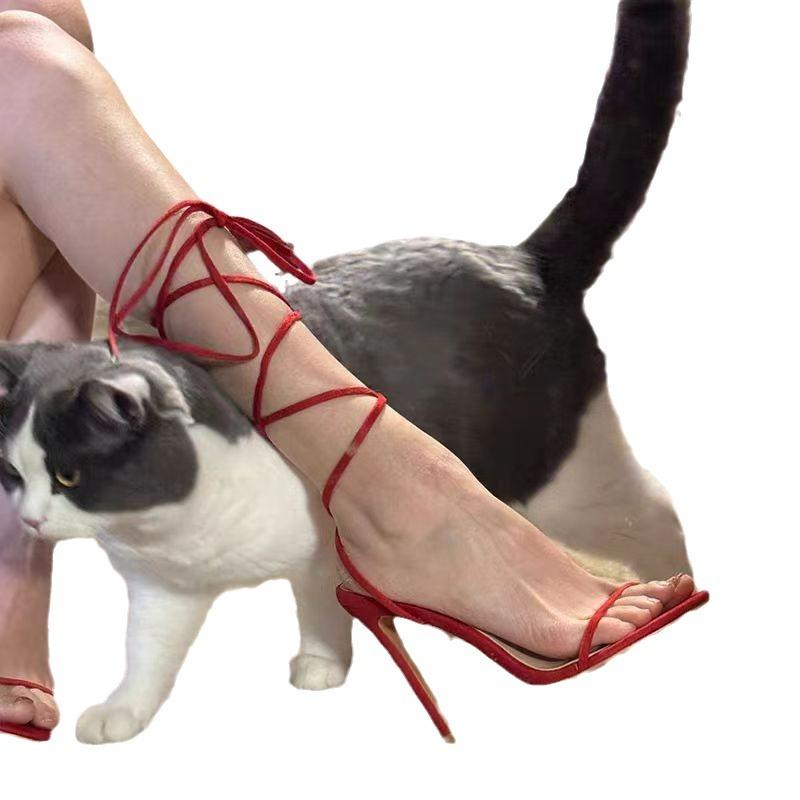 Summer New Thin Heel Red Cross Strap Sandals Women Open Toe After Empty Word with Bed Sexy High Heels