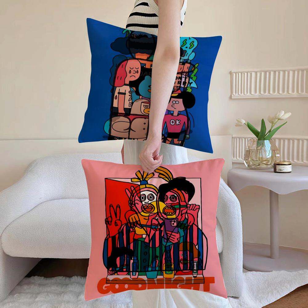 Funny FriendsCartoon Illustrations Cushion Cover Anti-dustmite Pillowcase Invisible Zipper Silky Short Plush Sofa Cushion Cover