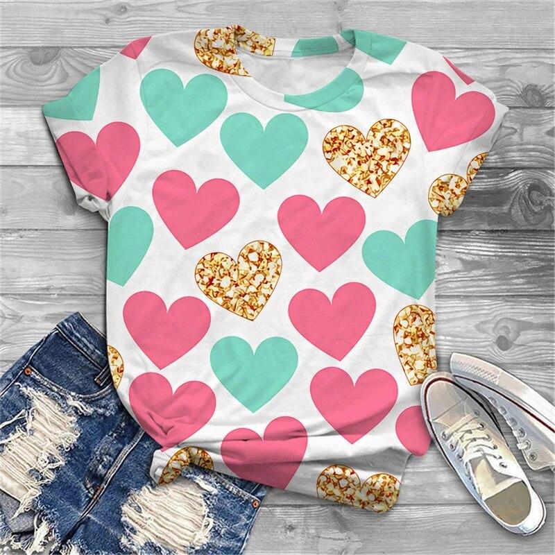 Summer New Women's Short Sleeve Top Pullover Fashion Y2K Casual Colorful Flowers 3D Print Flower Printed Crewneck T-Shirt