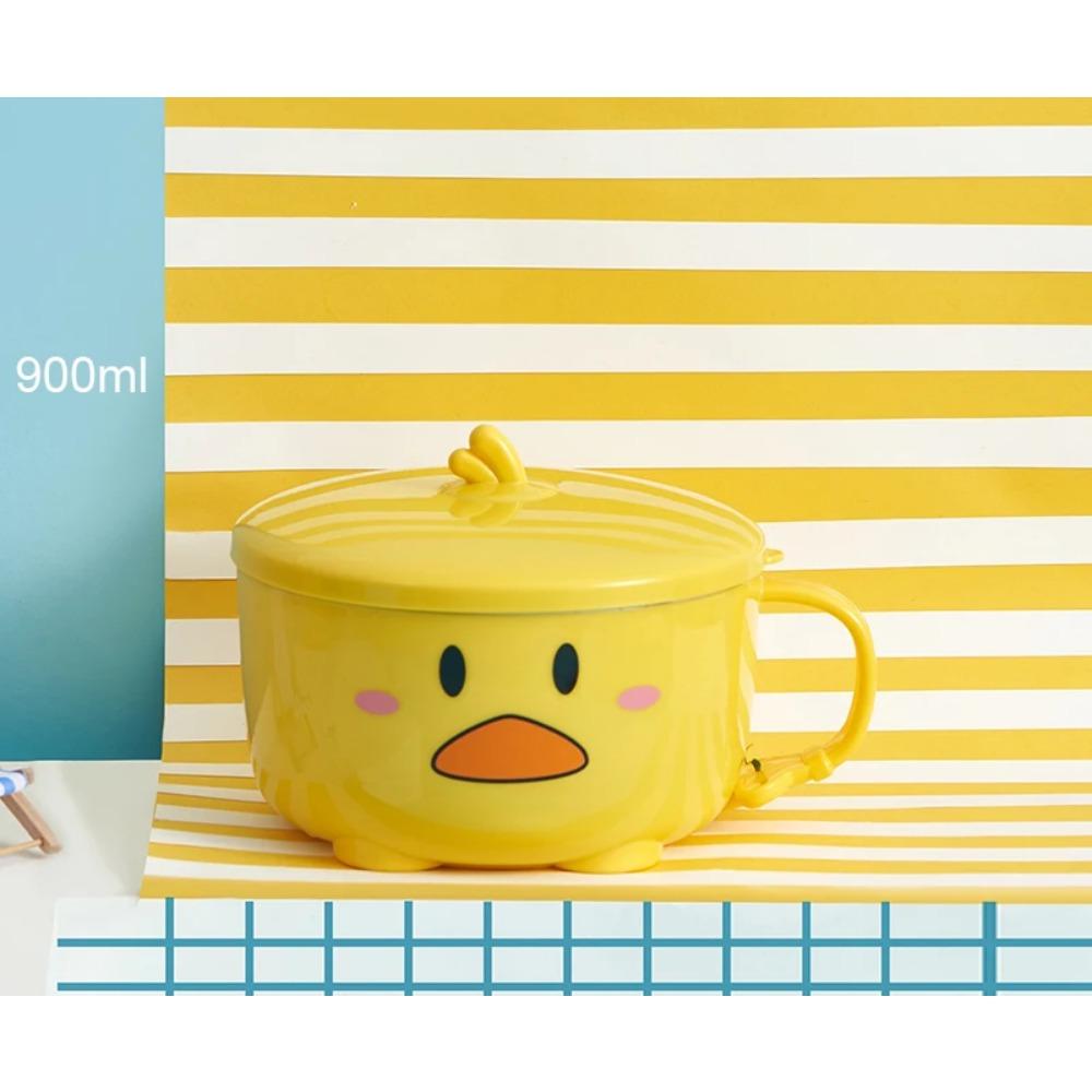 

900/1200ml Cute Duck Ramen Bowl With Lid Stainless Steel Kawaii Double-layer Kitchen Noodle Salad Fruit Rice Soup Bowl Tableware