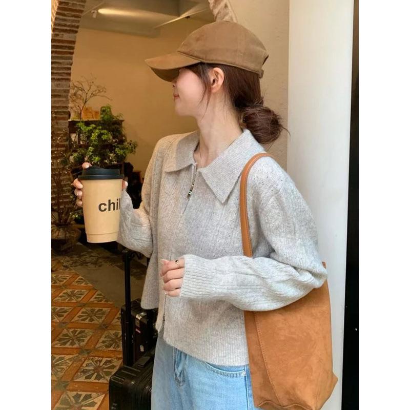 French Goose Yellow Polo Collar Women's Knitted Cardigan with Double Zipper - 2025 Autumn Collection.